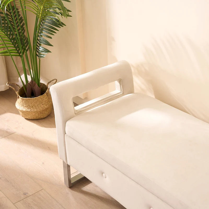 67.91 Velvet Storage Bench with Armrests and Wood Frame for Bedroom
