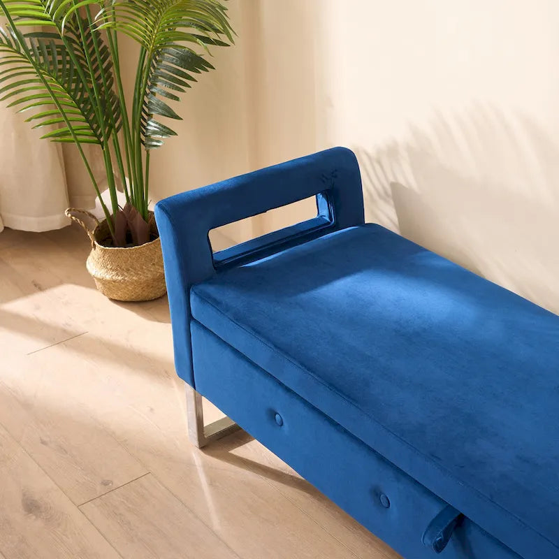 67.91 Velvet Storage Bench with Armrests and Wood Frame for Bedroom