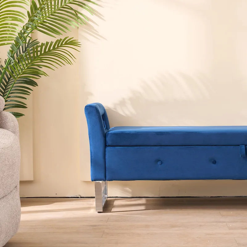 67.91 Velvet Storage Bench with Armrests and Wood Frame for Bedroom