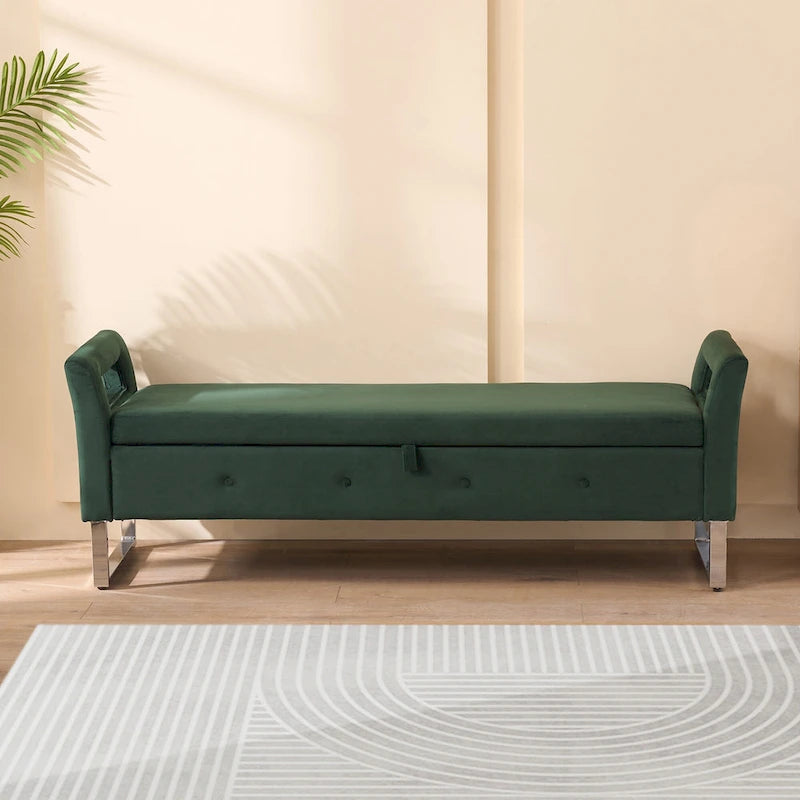67.91 Velvet Storage Bench with Armrests and Wood Frame for Bedroom