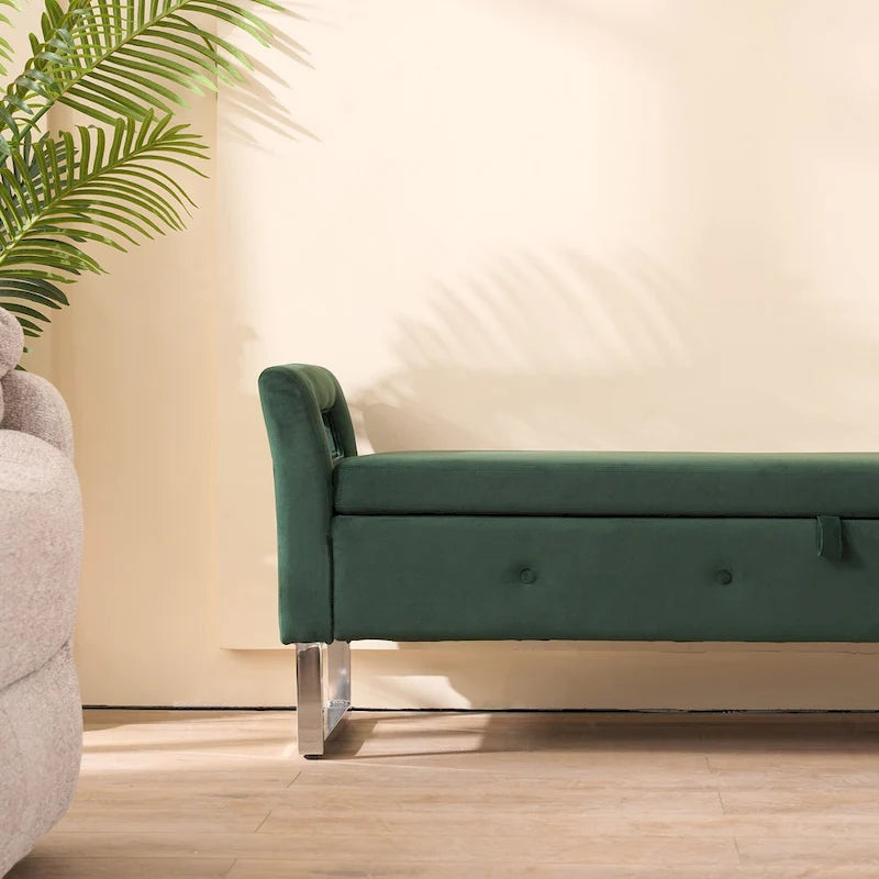 67.91 Velvet Storage Bench with Armrests and Wood Frame for Bedroom