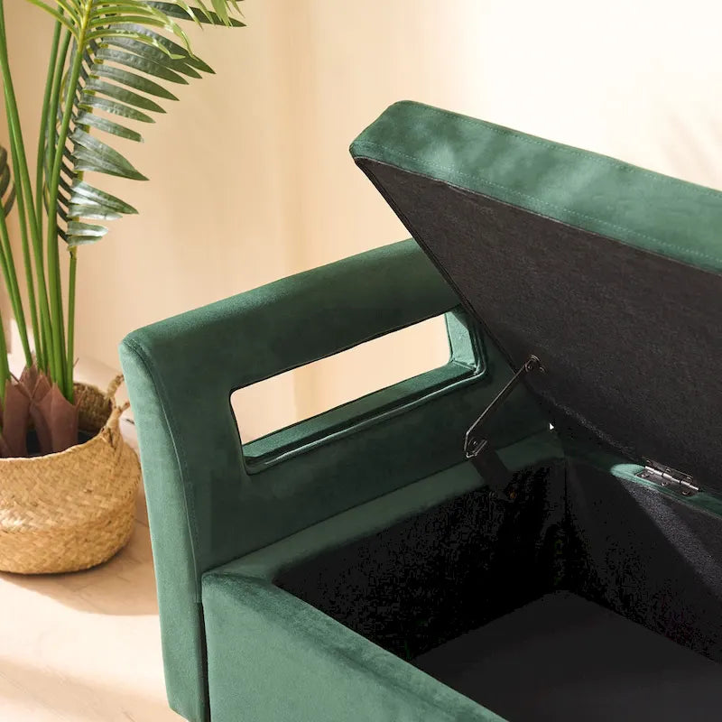 67.91 Velvet Storage Bench with Armrests and Wood Frame for Bedroom