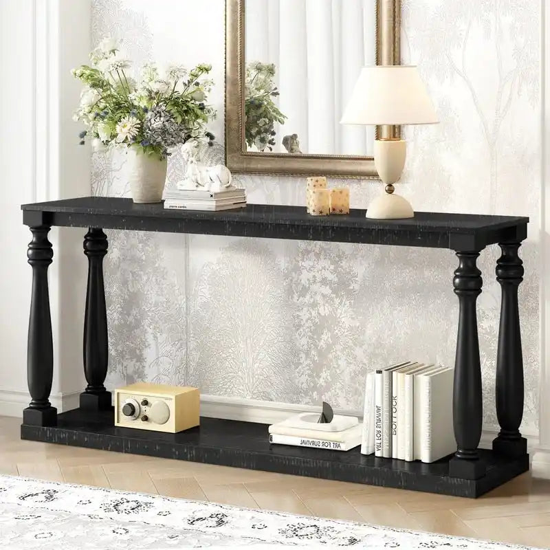 Vintage 63 Long Console Table with Bottom Shelf and Solid Wood Legs for Entryway and Hallway Decor