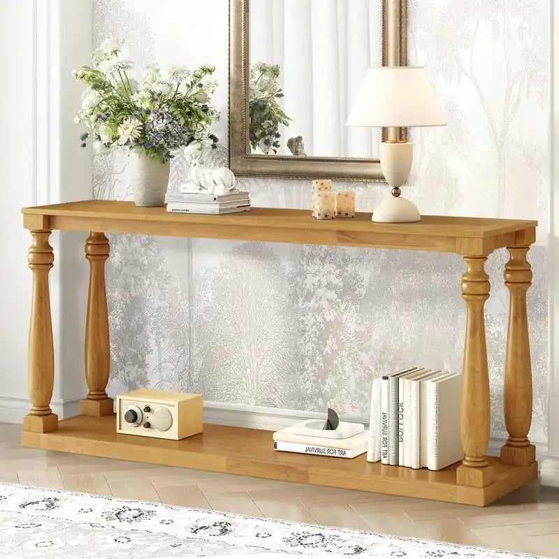 Vintage 63 Long Console Table with Bottom Shelf and Solid Wood Legs for Entryway and Hallway Decor