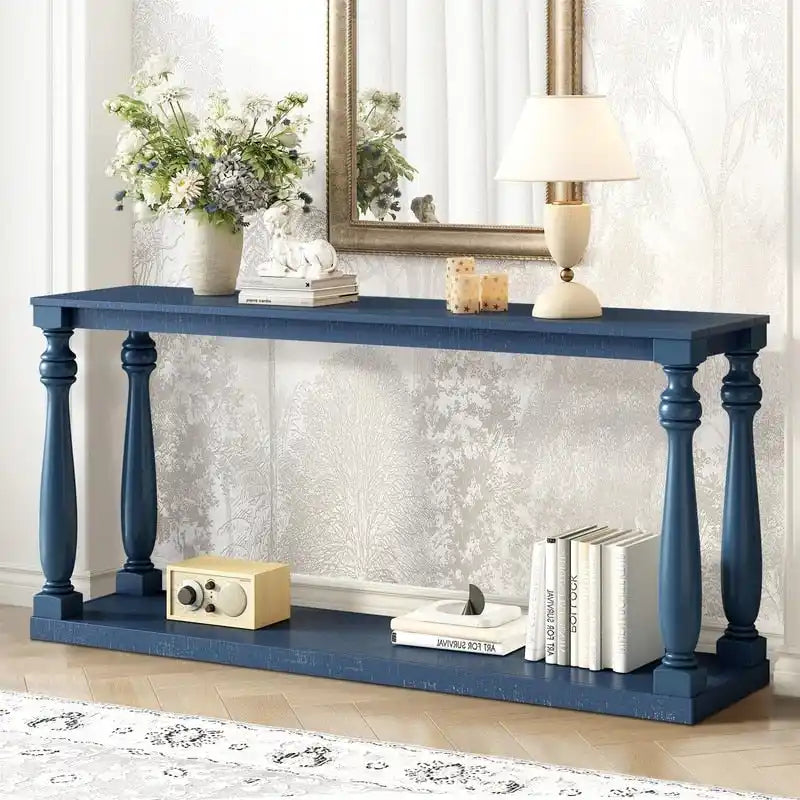 Vintage 63 Long Console Table with Bottom Shelf and Solid Wood Legs for Entryway and Hallway Decor