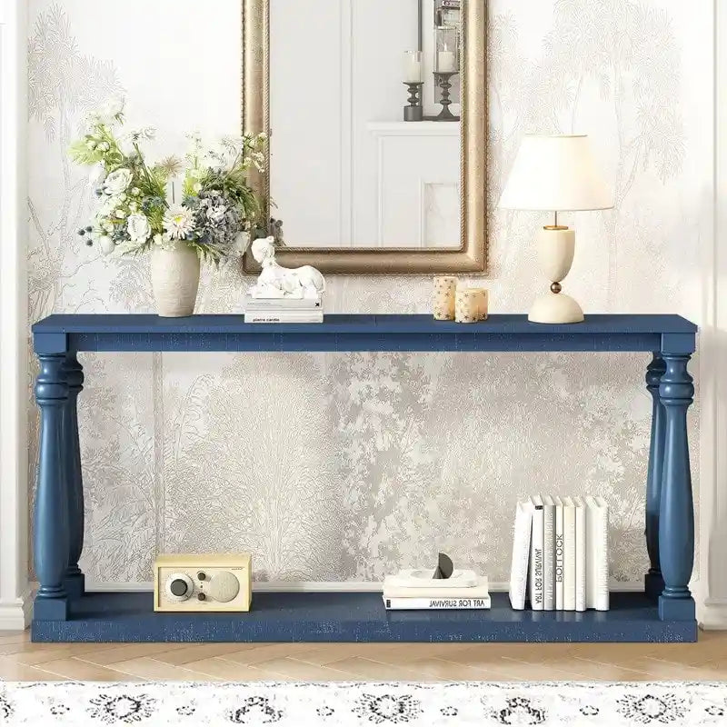 Vintage 63 Long Console Table with Bottom Shelf and Solid Wood Legs for Entryway and Hallway Decor