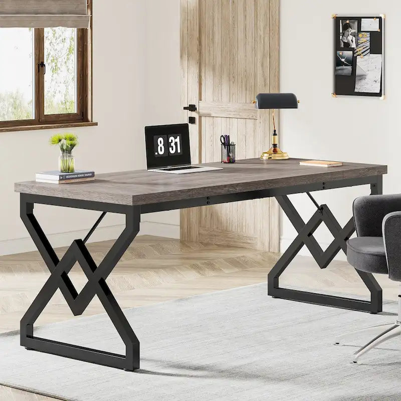 63-inch Executive Desk with Metal Frame, Modern Office Computer Desk for Home Office