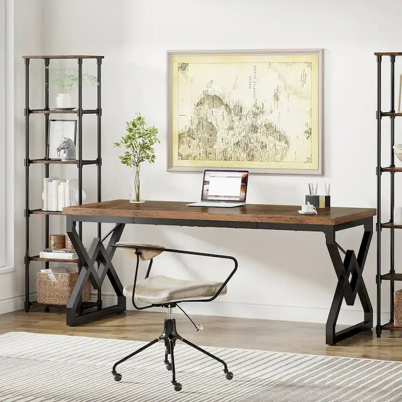 63-inch Executive Desk with Metal Frame, Modern Office Computer Desk for Home Office