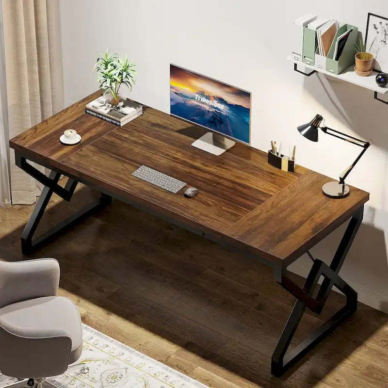 63-inch Executive Desk with Metal Frame, Modern Office Computer Desk for Home Office