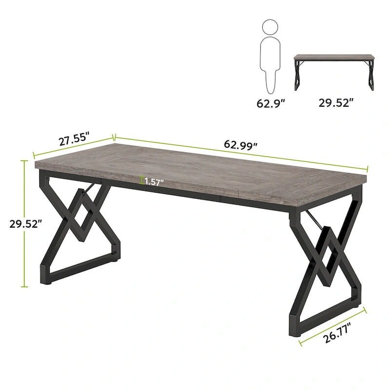 63-inch Executive Desk with Metal Frame, Modern Office Computer Desk for Home Office