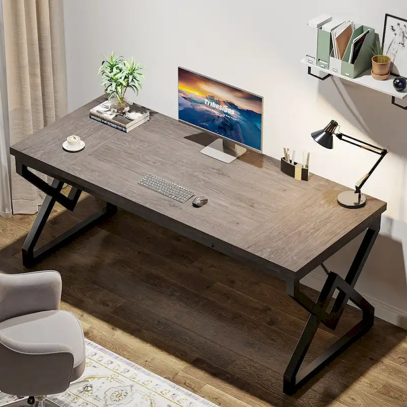 63-inch Executive Desk with Metal Frame, Modern Office Computer Desk for Home Office
