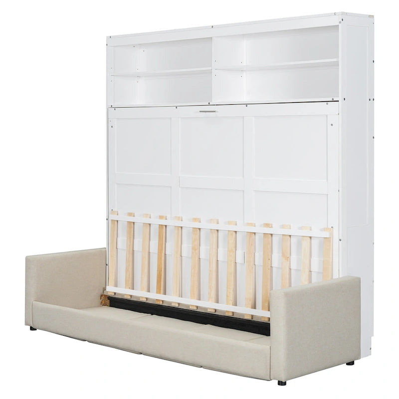 Lit escamotable convertible queen size avec canapé - Design 2-en-1 compact avec rangement intégré, mécanisme à double piston