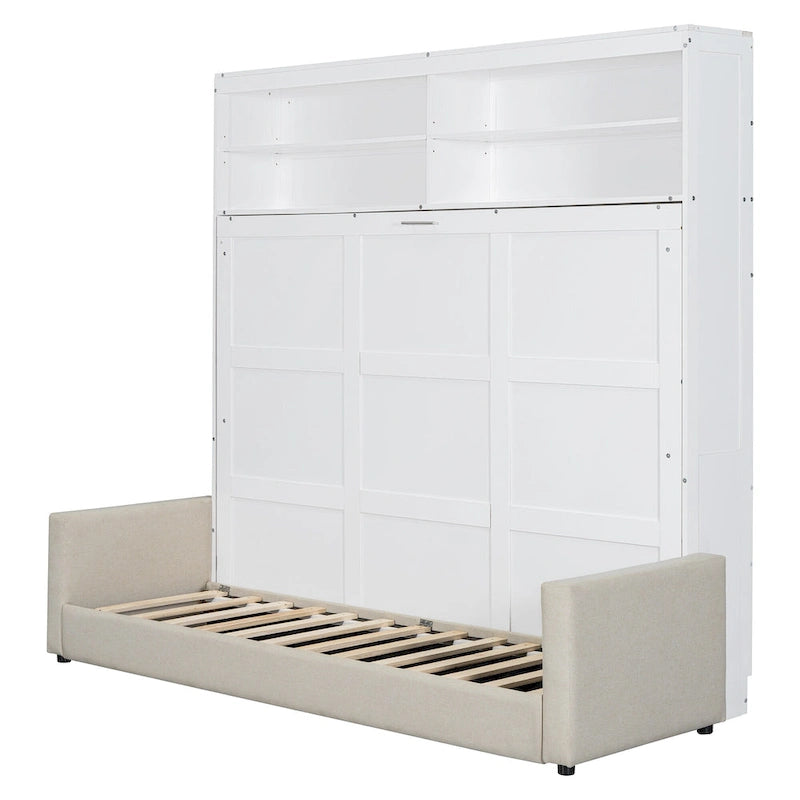 Lit escamotable convertible queen size avec canapé - Design 2-en-1 compact avec rangement intégré, mécanisme à double piston