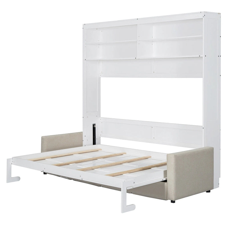 Lit escamotable convertible queen size avec canapé - Design 2-en-1 compact avec rangement intégré, mécanisme à double piston