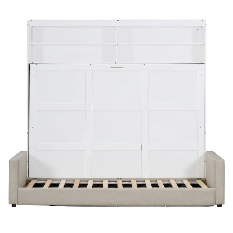 Lit escamotable convertible queen size avec canapé - Design 2-en-1 compact avec rangement intégré, mécanisme à double piston