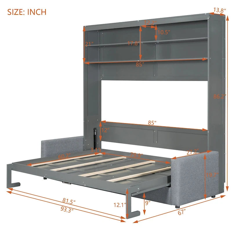 Lit escamotable convertible queen size avec canapé - Design 2-en-1 compact avec rangement intégré, mécanisme à double piston