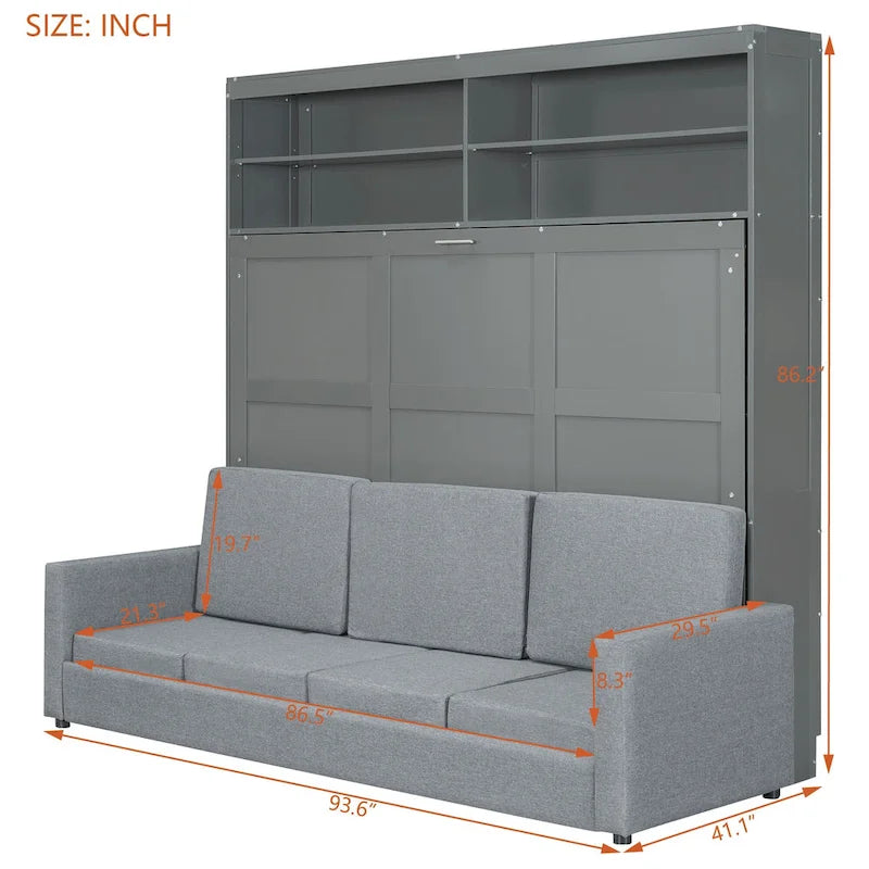 Lit escamotable convertible queen size avec canapé - Design 2-en-1 compact avec rangement intégré, mécanisme à double piston