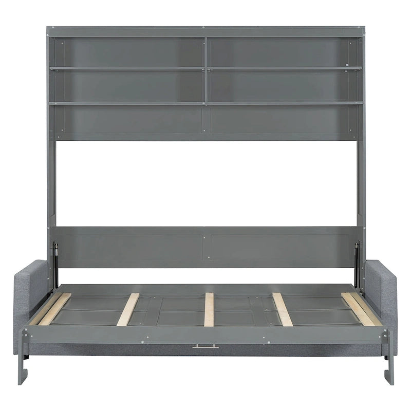 Lit escamotable convertible queen size avec canapé - Design 2-en-1 compact avec rangement intégré, mécanisme à double piston