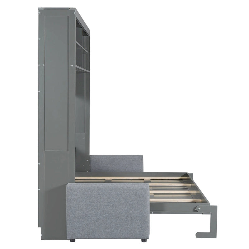 Lit escamotable convertible queen size avec canapé - Design 2-en-1 compact avec rangement intégré, mécanisme à double piston