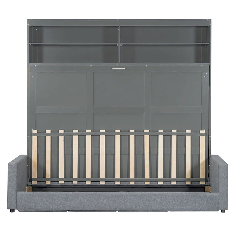 Lit escamotable convertible queen size avec canapé - Design 2-en-1 compact avec rangement intégré, mécanisme à double piston