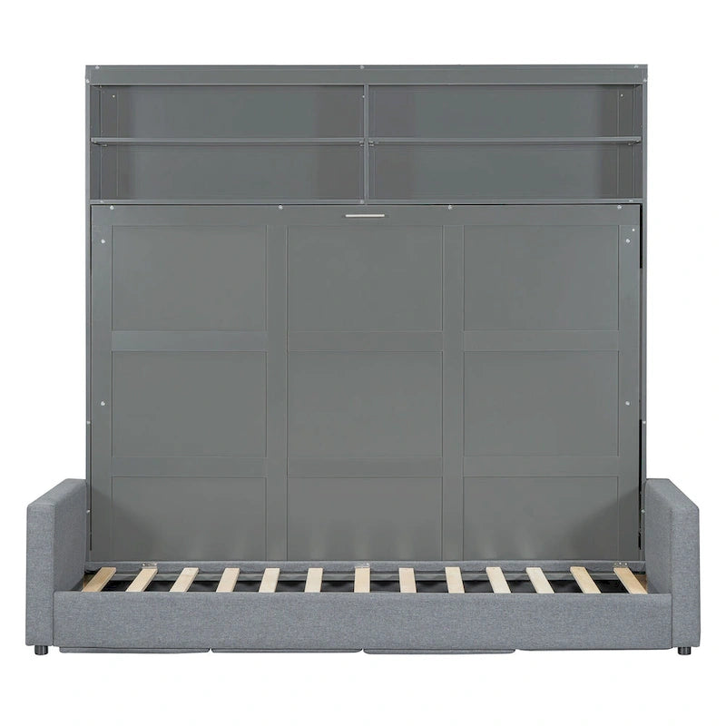 Lit escamotable convertible queen size avec canapé - Design 2-en-1 compact avec rangement intégré, mécanisme à double piston
