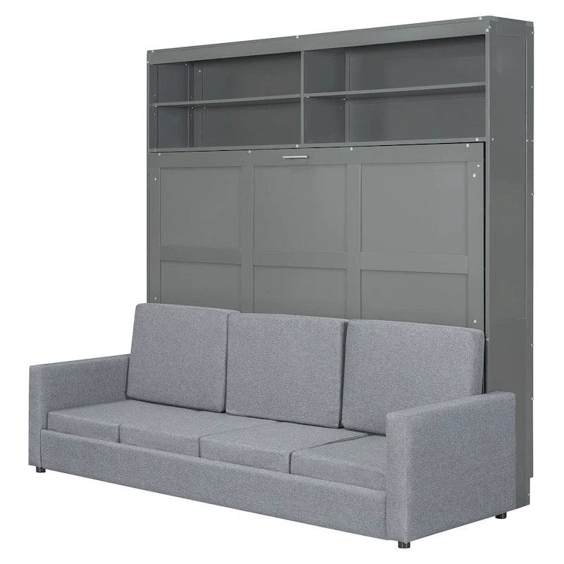 Lit escamotable convertible queen size avec canapé - Design 2-en-1 compact avec rangement intégré, mécanisme à double piston