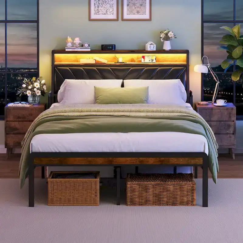 Lit plateforme Queen Size avec tête de lit inclinée et LED