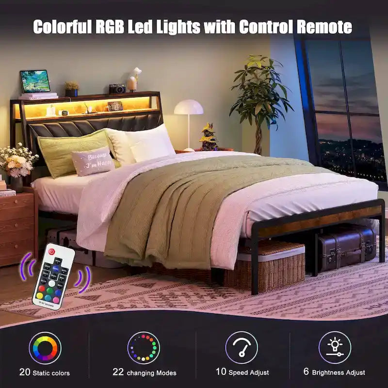 Lit plateforme Queen Size avec tête de lit inclinée et LED