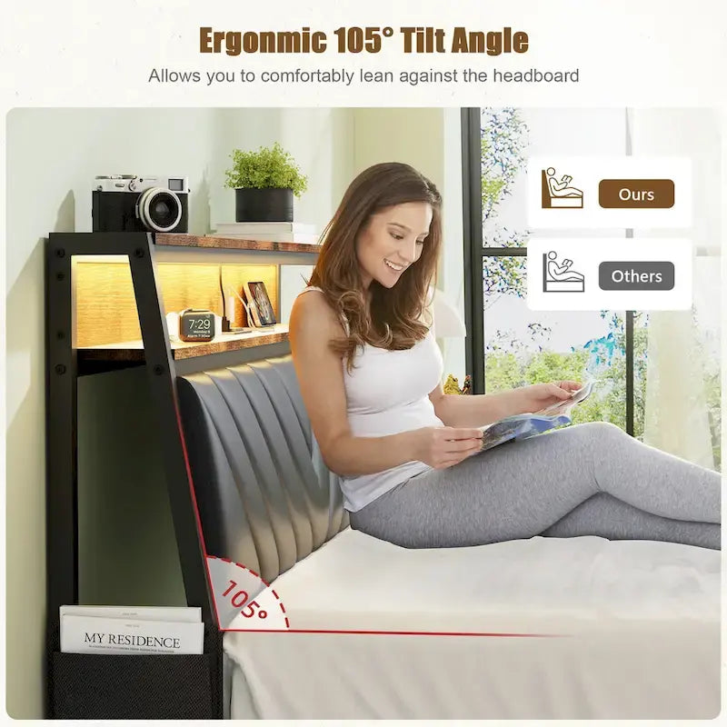 Lit plateforme Queen Size avec tête de lit inclinée et LED