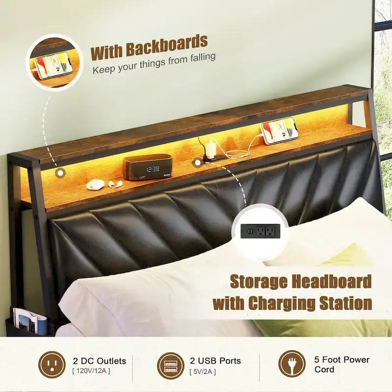 Lit plateforme Queen Size avec tête de lit inclinée et LED