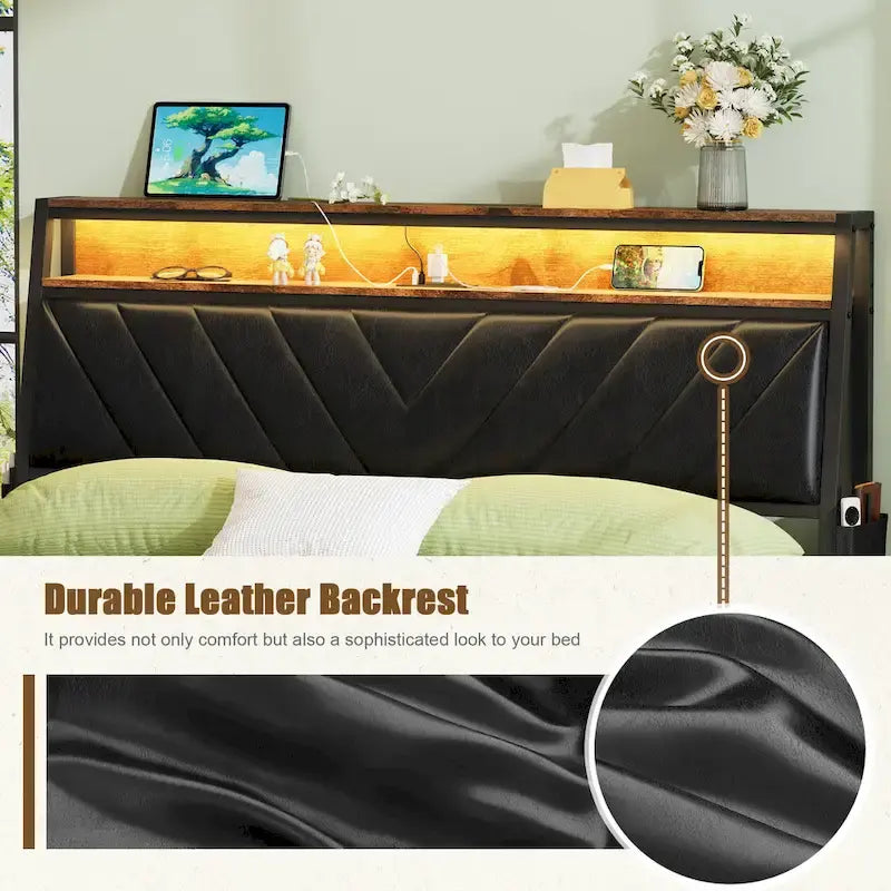 Lit plateforme Queen Size avec tête de lit inclinée et LED