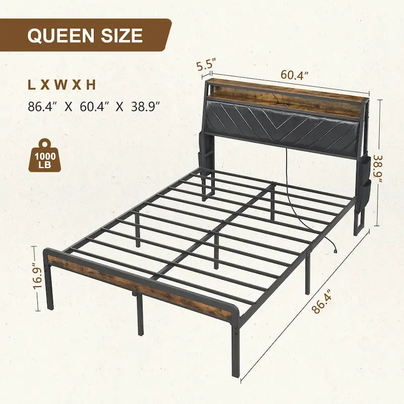 Lit plateforme Queen Size avec tête de lit inclinée et LED