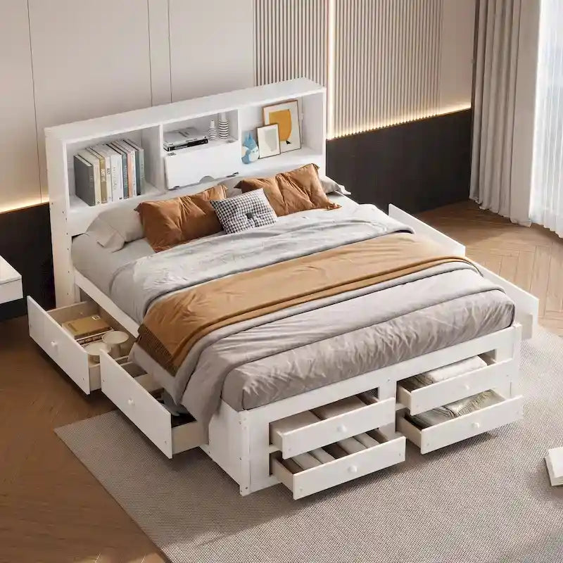 Modern Wooden Platform Bed with Storage Headboard and 8 Drawers for Bedroom