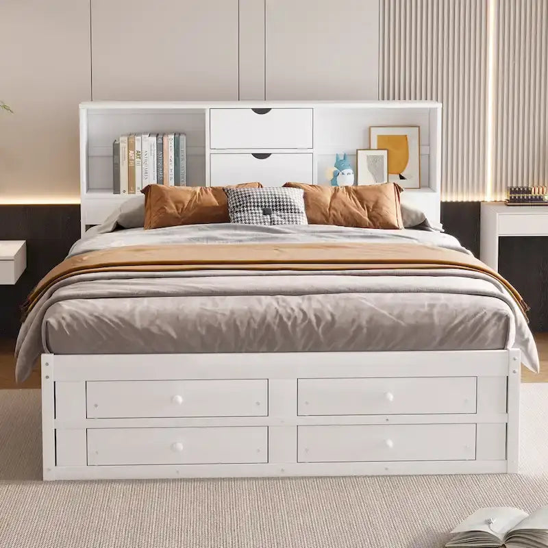 Modern Wooden Platform Bed with Storage Headboard and 8 Drawers for Bedroom