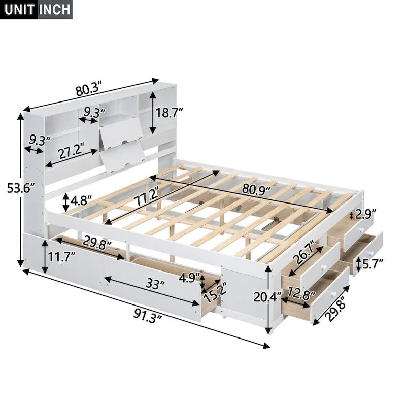 Modern Wooden Platform Bed with Storage Headboard and 8 Drawers for Bedroom