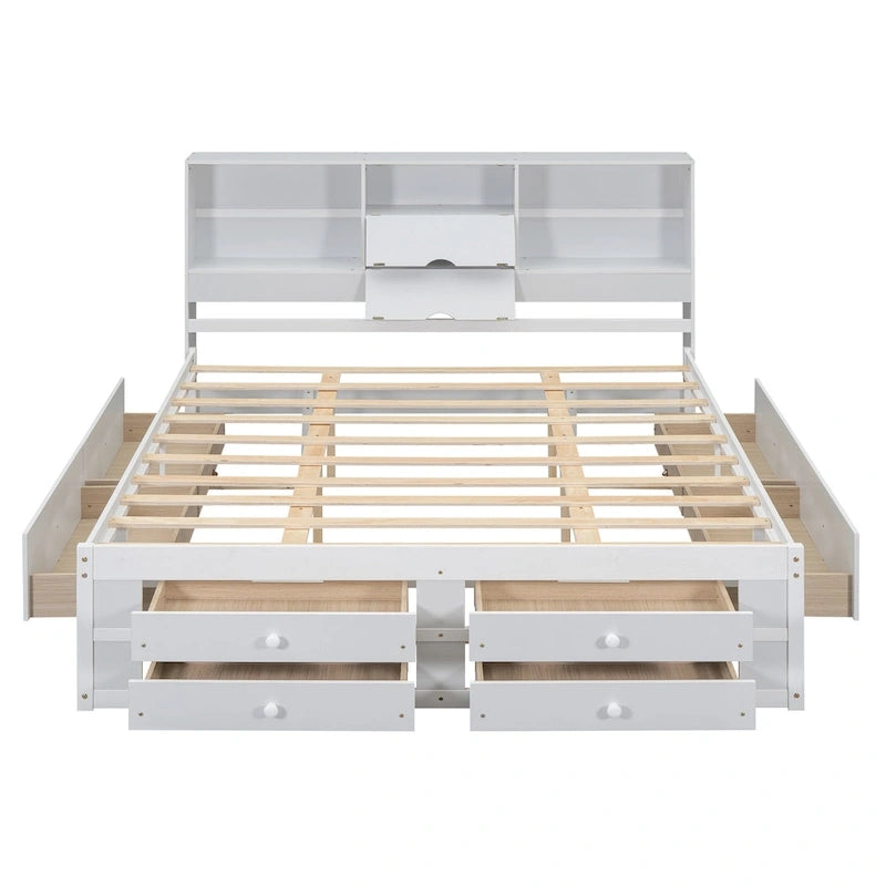 Modern Wooden Platform Bed with Storage Headboard and 8 Drawers for Bedroom