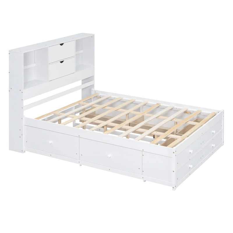 Modern Wooden Platform Bed with Storage Headboard and 8 Drawers for Bedroom