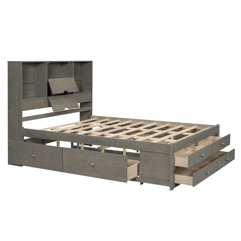 Modern Wooden Platform Bed with Storage Headboard and 8 Drawers for Bedroom