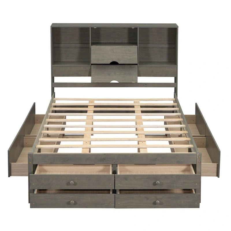 Modern Wooden Platform Bed with Storage Headboard and 8 Drawers for Bedroom
