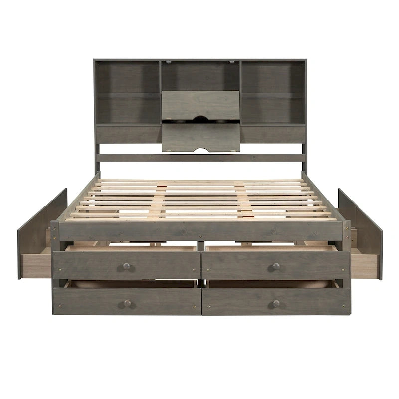 Modern Wooden Platform Bed with Storage Headboard and 8 Drawers for Bedroom