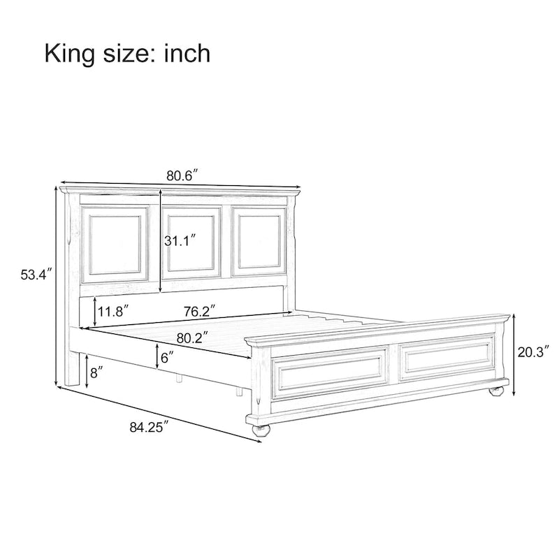 Brown King Size Traditional Pinewood Bed with Wooden Slats Support
