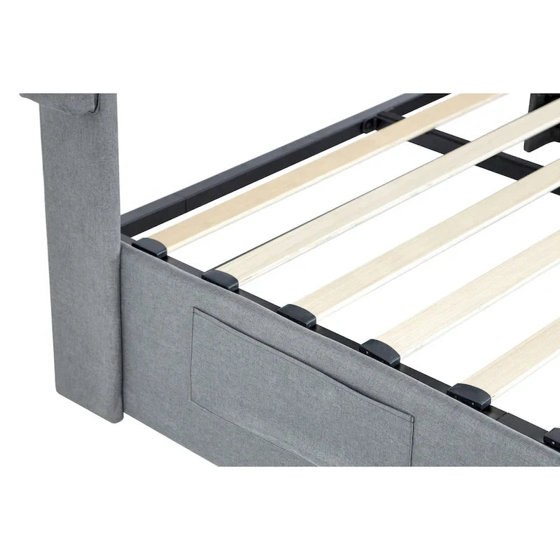 Light Gray Queen Size Modern Metal Platform Bed with Storage,Wingback Headboard and USB Ports