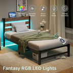 Beige+Brown Twin Size Modern Metal Bed with Wooden Headboard,RGB Lights and Storage Shelf for Bedroom