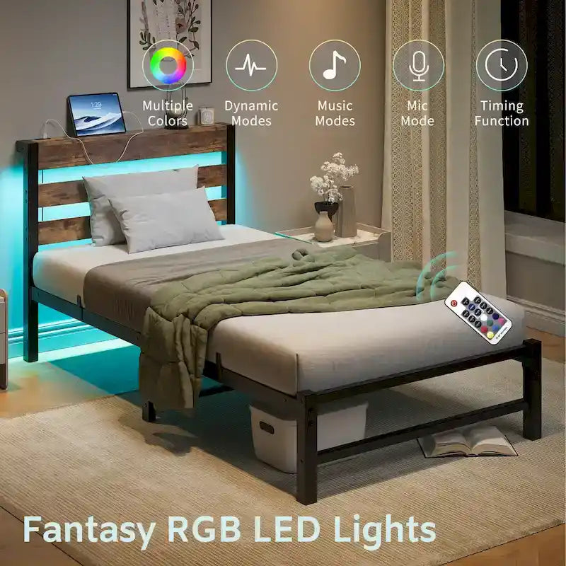 Beige+Brown Twin Size Modern Metal Bed with Wooden Headboard,RGB Lights and Storage Shelf for Bedroom