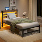 Beige+Brown Twin Size Modern Metal Bed with Wooden Headboard,RGB Lights and Storage Shelf for Bedroom