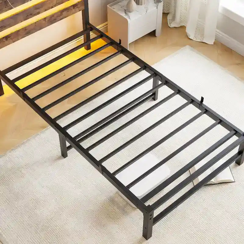 Beige+Brown Twin Size Modern Metal Bed with Wooden Headboard,RGB Lights and Storage Shelf for Bedroom
