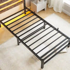 Beige+Brown Twin Size Modern Metal Bed with Wooden Headboard,RGB Lights and Storage Shelf for Bedroom