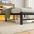 Beige+Brown Twin Size Modern Metal Bed with Wooden Headboard,RGB Lights and Storage Shelf for Bedroom