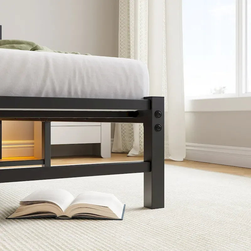 Beige+Brown Twin Size Modern Metal Bed with Wooden Headboard,RGB Lights and Storage Shelf for Bedroom