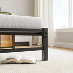 Beige+Brown Twin Size Modern Metal Bed with Wooden Headboard,RGB Lights and Storage Shelf for Bedroom